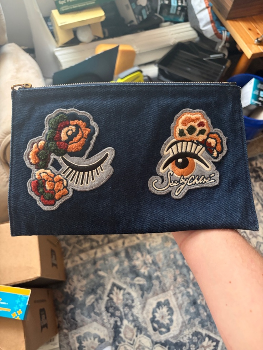 SEE BY CHLOE Eye Patch Denim Pouch/ wristlet - Orange Floral Accents *excellent*